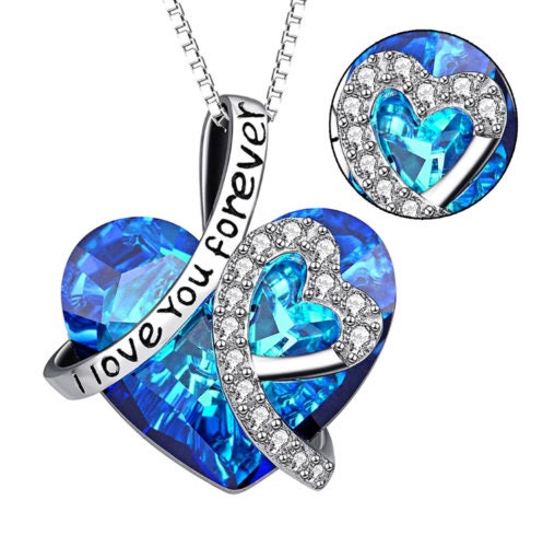 Women's Blue Heart Crystal Pendant Necklace 925 Silver