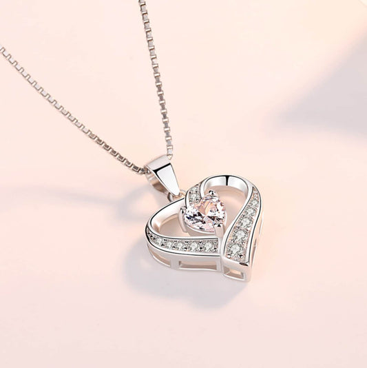 Women's Heart Swirl Stone Pendant Chain 925 Sterling Silver Necklace