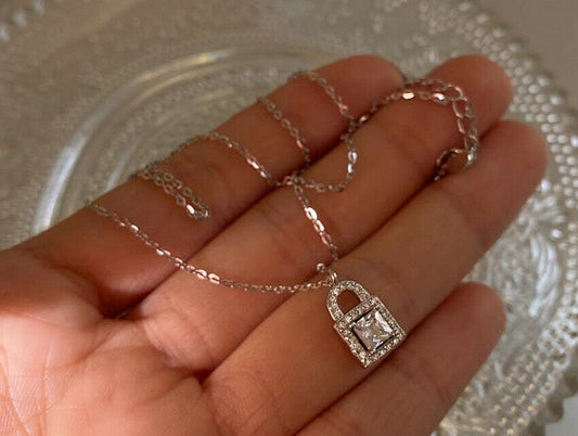 Women's Crystal Lock Pendant Silver Chain Necklace 925 Sterling