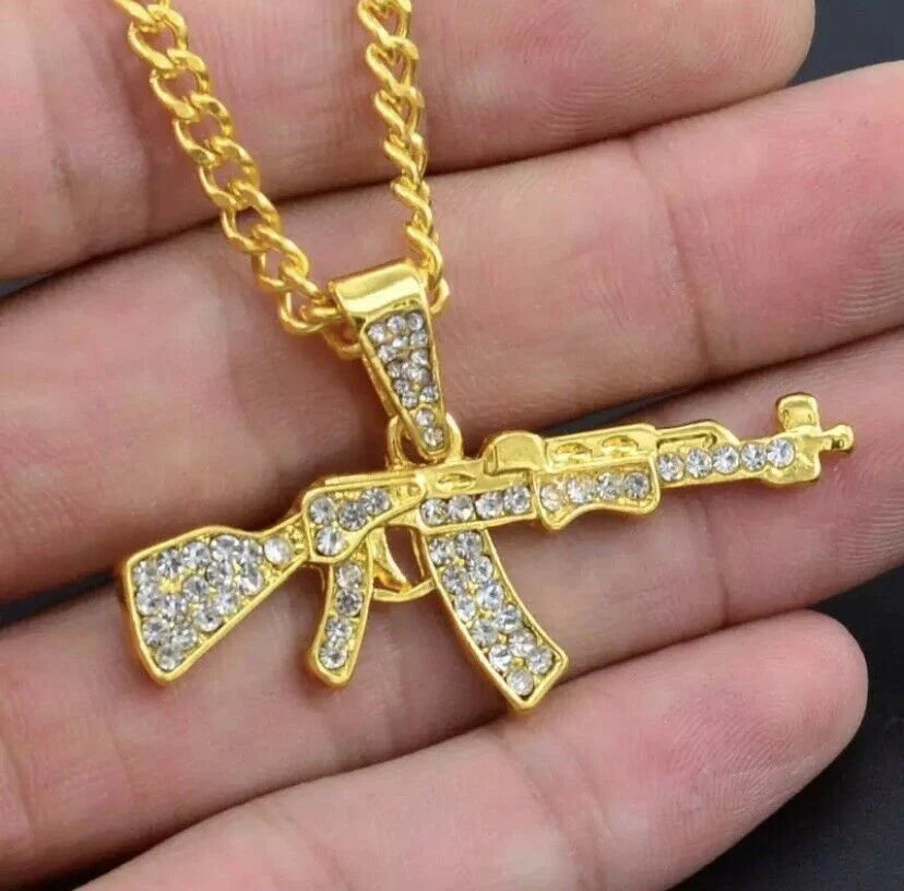 Bling Gold Ak47 Machine Gun Pistol Rifle Chain Pendant Diamond Bling