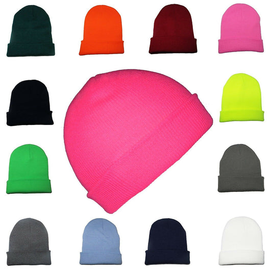 Beanie Hat Mens Ladies Womens Slouch Winter Woolly Ski Knitted Turn Up Neon Warm Beanie