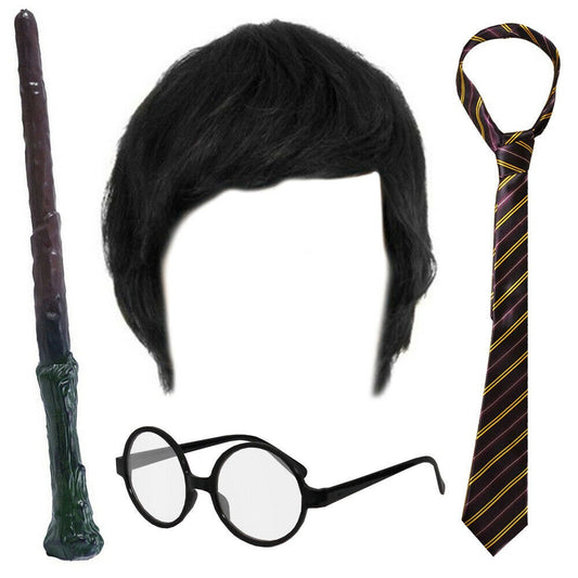 World Book Day Adults Wizard Costume Set Wand Wig Tie Glasses Unisex Fancy Dress