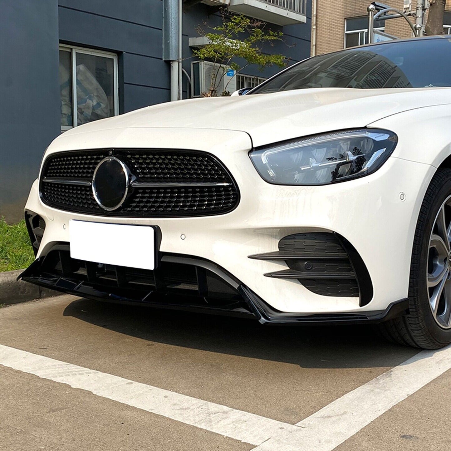 Front Bumper Spoiler Lip For Benz E-Class W213 E260 E300 AMG 2021-23 Gloss Black