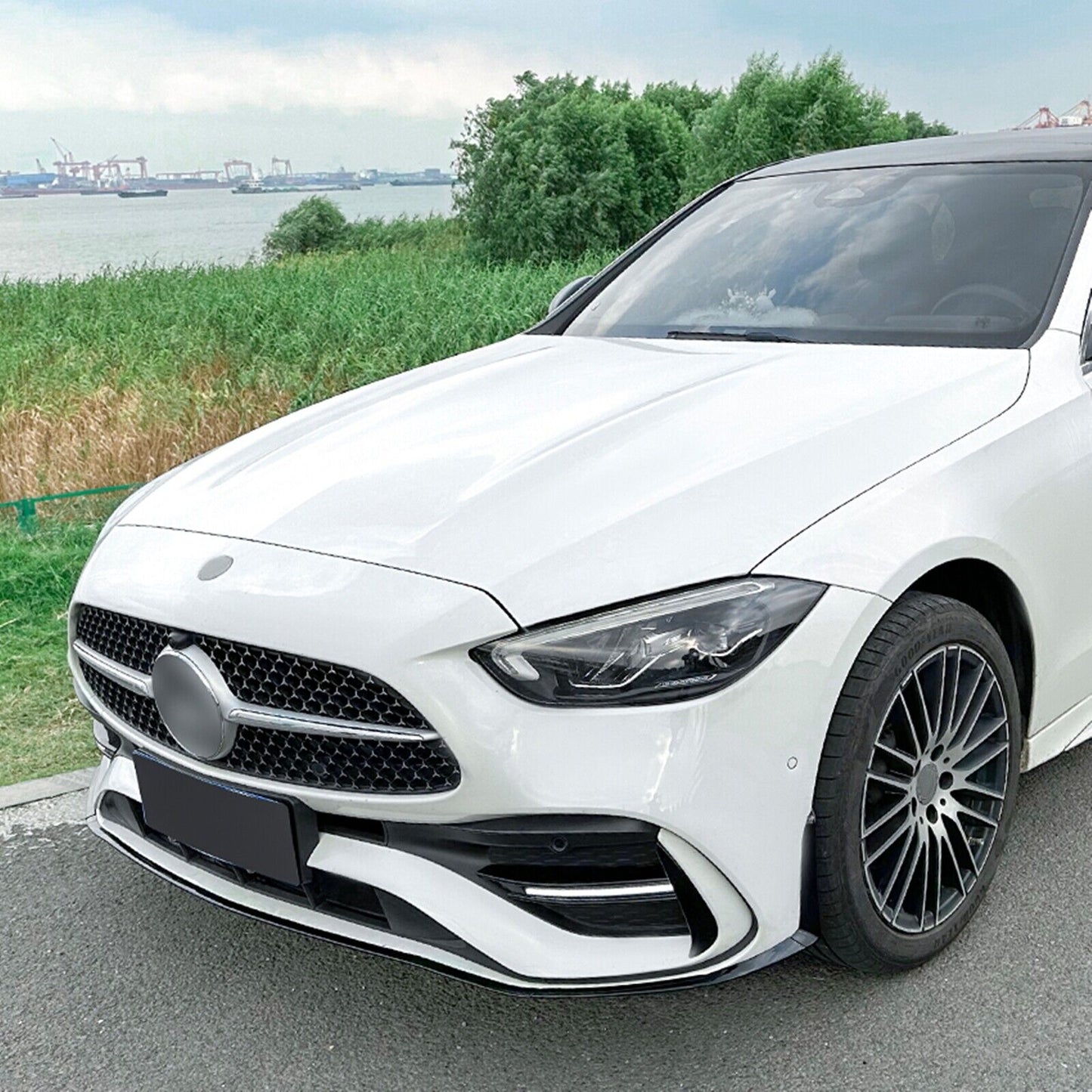 Black Front Bumper Spoiler Lip Kit For Benz C Class W206 C200 C43 AMG 2022-2024