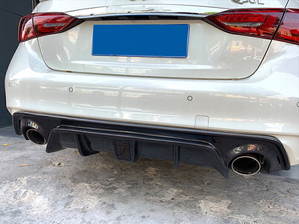 Car Rear Bumper Diffuser Lip W/LED For Infiniti Q50 2014-2017 Carbon Fiber Black