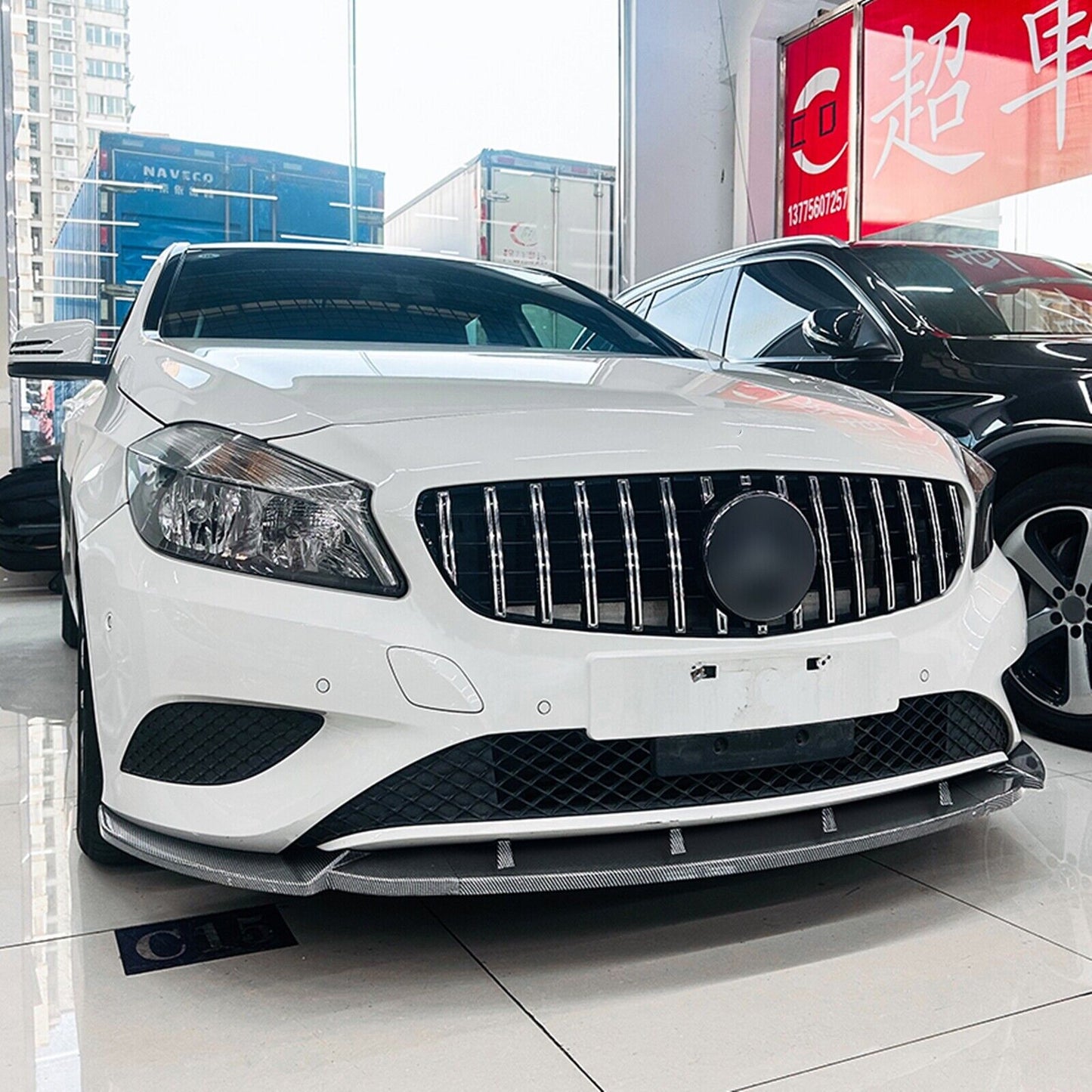 Car Front Bumper Spoiler Lip For Benz A Class W176 2013-2015 Carbon Fiber Look