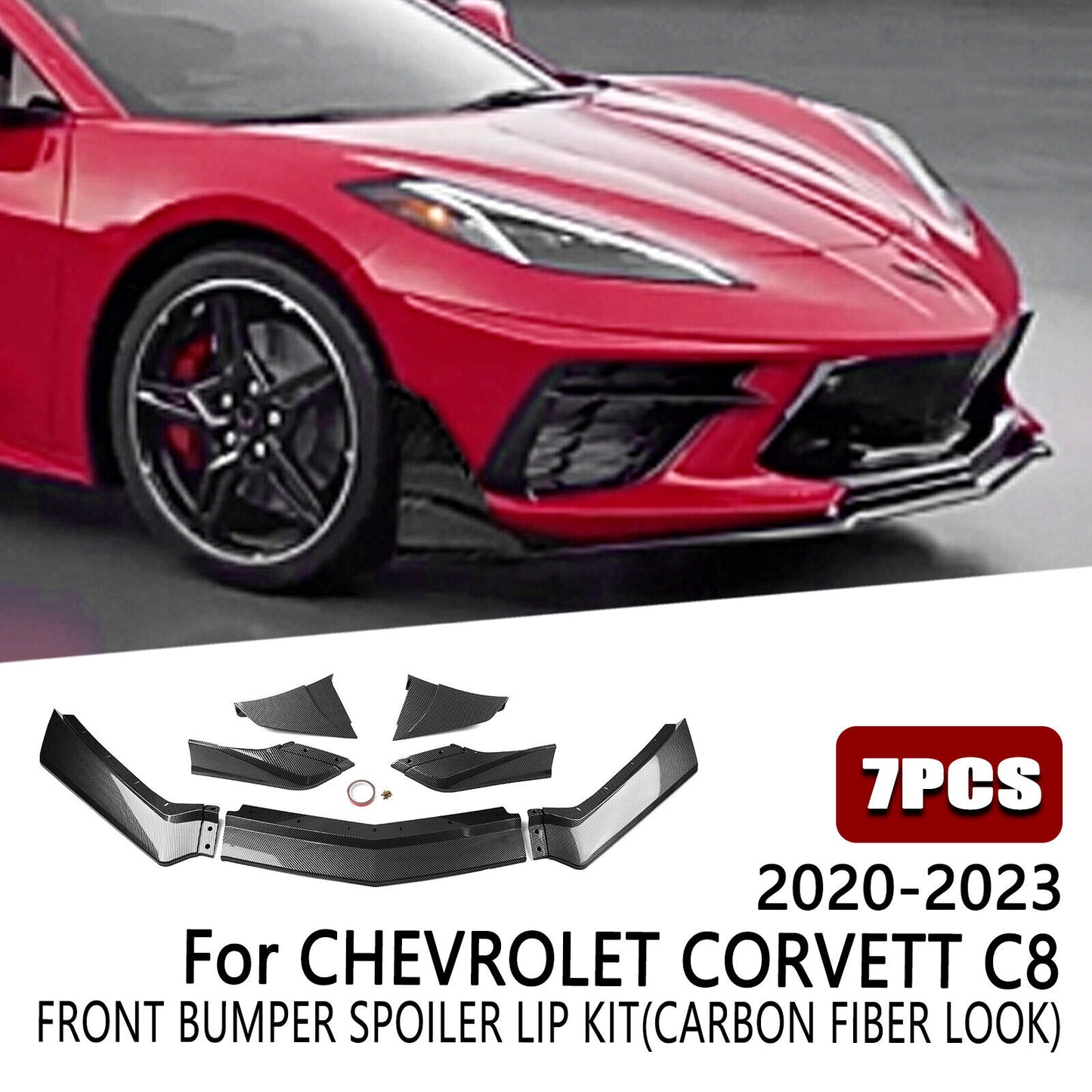 Front Bumper Spoiler Lip For Chevrolet Corvette C8 2020-2024 Carbon Fiber Look