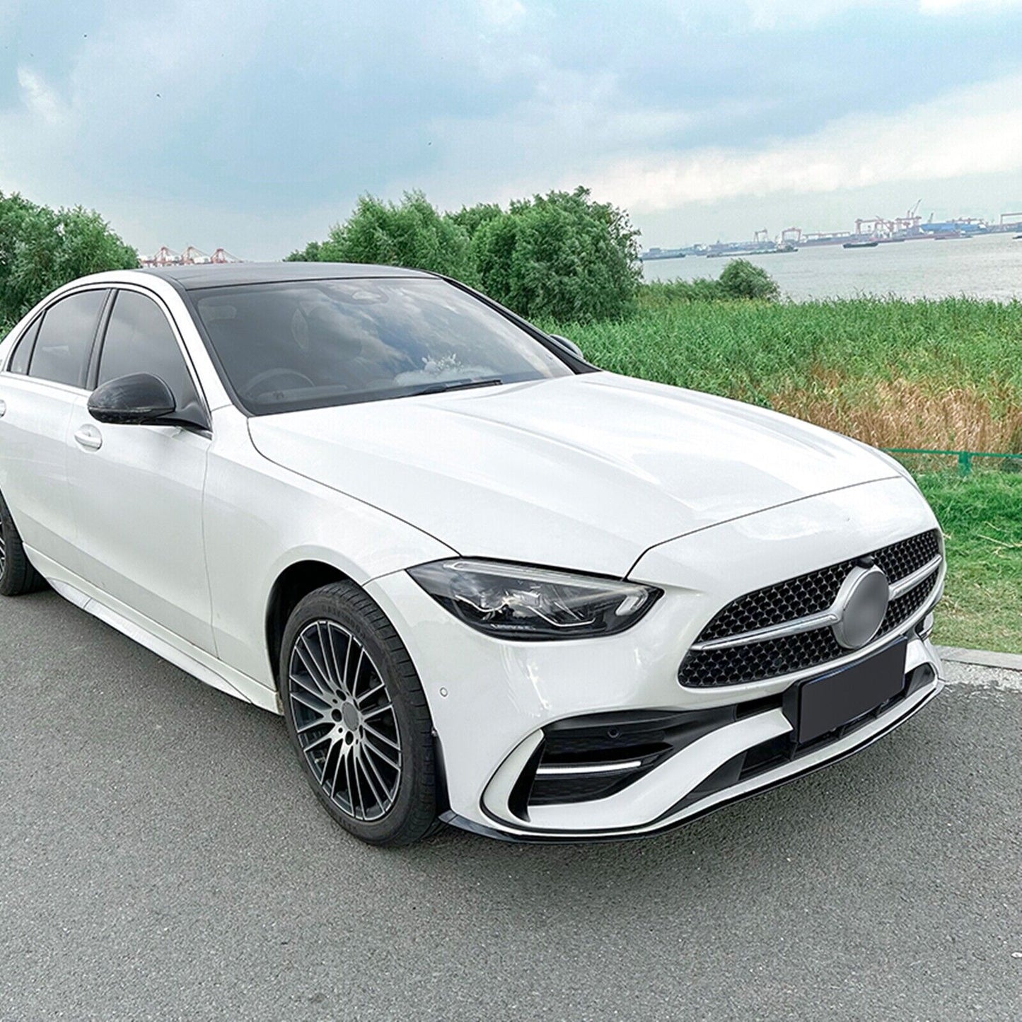 Black Front Bumper Spoiler Lip Kit For Benz C Class W206 C200 C43 AMG 2022-2024