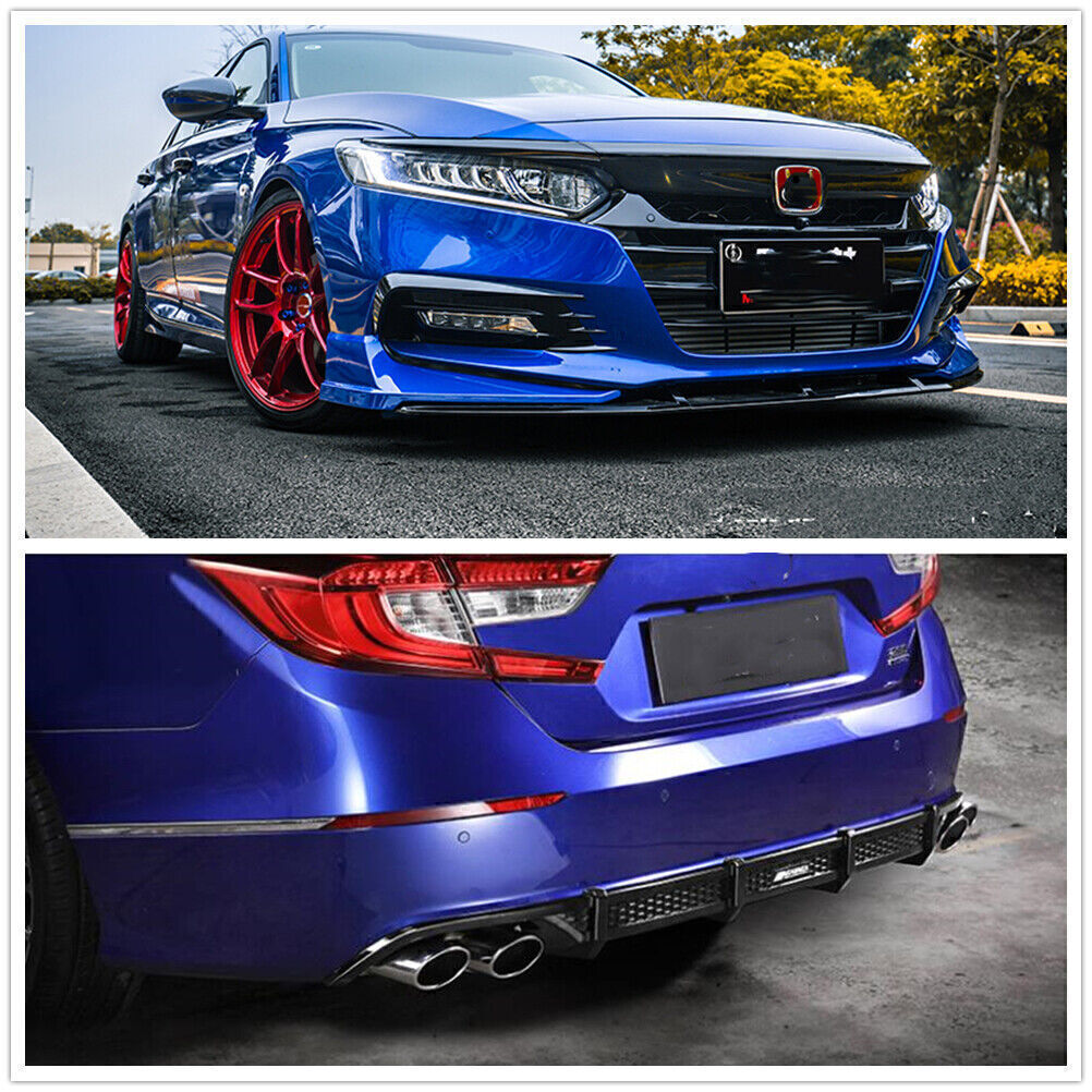 Front Bumper Spoiler Lip + Rear Tail Trunk Wing Set For Honda Accord 10th Blue